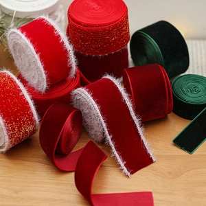 Christmas Velvet Ribbon For DIY Gift Wrapping Red Green Soft Fabric With Faux Fur Trim And Glitter Edging Decor