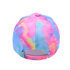 Colorful tie-dye baseball cap with vibrant pink yellow and blue patterns back view