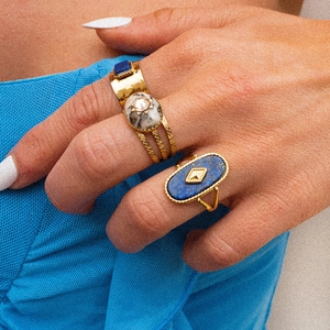 Bague Lapis-Lazuli Style Cour Vintage Français Acier Inoxydable Plaqué Or 18K Bijoux De Luxe Rétro Géométriques Femme