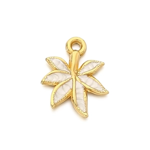 Golden stainless steel leaf pendant with white enamel inlay for DIY necklace jewelry