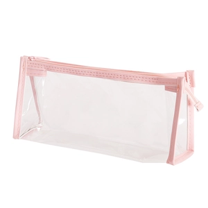 Transparent pink PVC stationery pouch with zipper for students and cosmetics