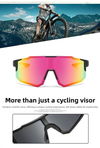 Detail of outdoor cycling sunglasses with rainbow gradient lenses and matte black frame