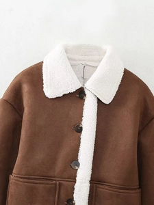 Detail view of brown suede jacket with white faux shearling collar and dark round buttons