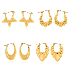 Stainless Steel Star Hoop Earrings Gold Plated Irregular Geometric Ribbed Croissant Texture Polished Unisex Fashion Jewelry