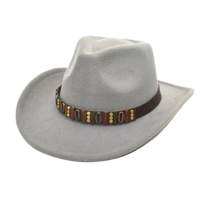 Classic grey felt cowboy hat with leather braided band and metal buckle in a 45-degree view