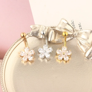 Five-petal flower belly button rings in gold, silver, and rose gold with zircon stones