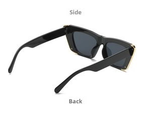 Side and back view of retro black cat eye sunglasses with gold corner accents
