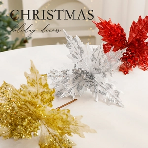 Artificial Poinsettia Christmas Flowers Glitter Mesh Sparkling For Holiday Tree Home Party Decoration