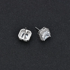 Classic silver stud earrings with square-cut transparent cubic zirconia in micro-pave setting