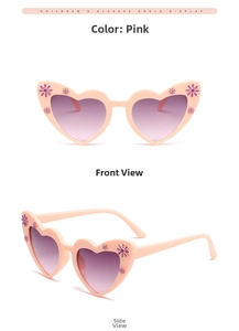 Close-up of pink heart-shaped kids sunglasses with floral relief and purple gradient lenses