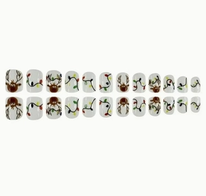 Christmas press-on nails set with brown reindeer and festive light string patterns