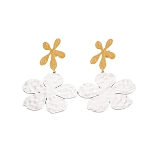 Two-tone hammered metal earrings featuring golden and silver floral petals in a unique design