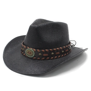 Cappello da cowboy in paglia nera con fascia in pelle e dettaglio in turchese
