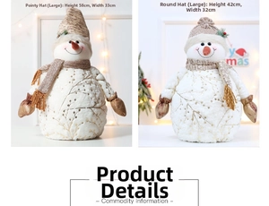 Detail of plush snowman Christmas decorations with size specs and sequin branch patterns