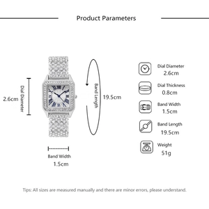 Detailed size parameters of the silver square crystal watch with Roman numerals
