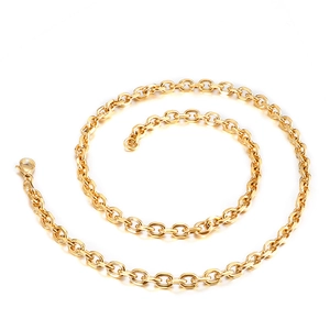 Polished golden stainless steel O-chain necklace with lobster clasp on white background