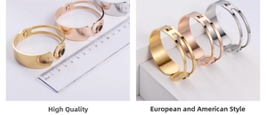 Detail view of wide hinged bangles in gold, rose gold and silver with black stone inlay