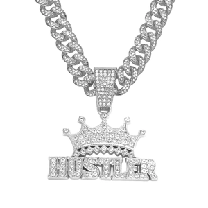 Chaîne cubaine hip-hop argentée avec pendentif couronne HUSTLER pour hommes