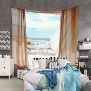 Detail of 3D ocean view tapestry featuring realistic beach scenery and balcony view
