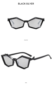 Front and side views of stylish geometric polygon sunglasses in black and silver
