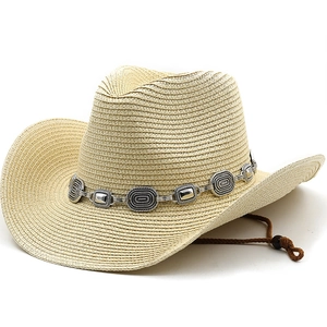 Chapeau De Cow-Boy En Paille Avec Bande Métallique Vintage Et Corde Coupe-Vent Réglable Large Bord Protection Solaire Hommes Femmes