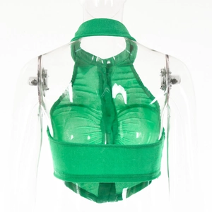 Vista posteriore di un crop top verde allacciato al collo con trama a pieghe su bianco