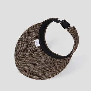 Detail of adjustable metal buckle and woven texture on a UV protective sun visor hat