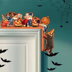 Retro Halloween wooden door corner decoration featuring vintage witch and pumpkin illustrations