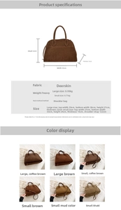 Detailed size chart for large and small vintage suede tote bags with dimensions and weight