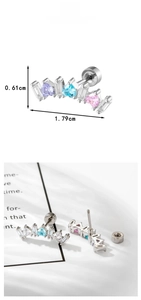 Detail view of heart zircon stud earring with purple and blue stones and size measurements