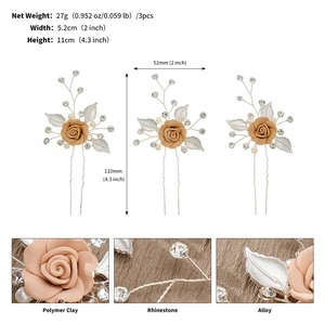 Detail view of 3pcs handmade polymer clay pink rose hair pins with rhinestones and size specs