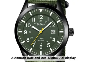 Detail of military quartz watch dial with green nylon strap and 24-hour markers