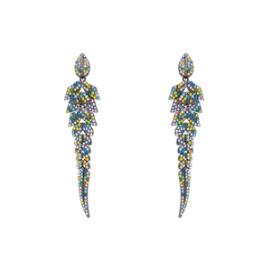 Boucles d'oreilles vintage à pampilles feuilles et strass colorés sur métal noir