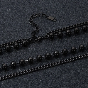 Double-layered black bead necklace with vintage stainless steel chains for men