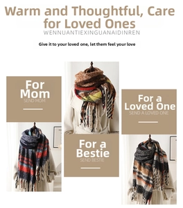 Detailed view of thick checkered scarves with fringe tassels in various winter colors