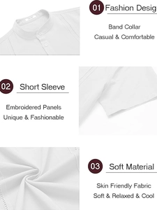 Detail of band collar and embroidered panels on white soft skin friendly fabric