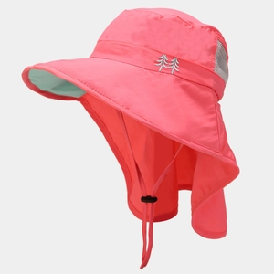 Detail of pink kids sun hat featuring a wide brim, neck flap and breathable grey side mesh