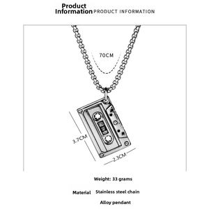 Detailed specs for retro cassette pendant with 70cm stainless steel chain and alloy tape