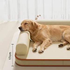 Panier pour chien imperméable beige avec bordure orange et oreiller intégré de 17cm