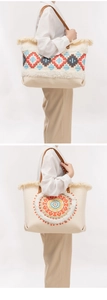 Detail of bohemian canvas tote bag with mandala embroidery and white fringe accents