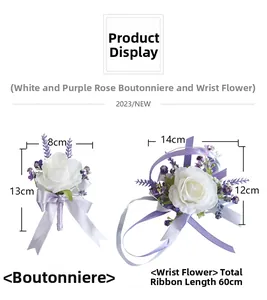 Detailed white rose boutonniere and wrist corsage set with purple berries and lavender accents