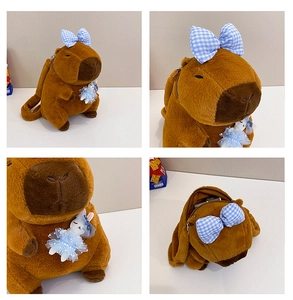 Multi-angle view of a brown Capybara plush backpack with blue bow and bunny pendant