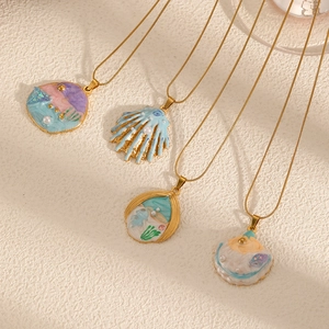 Ocean Shell Pendant Necklace Stainless Steel Enamel Gold Plated Imitation Artificial Pearl Coastal Fashion Jewelry For Women