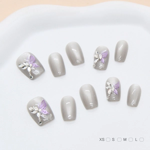Handmade purple butterfly cat-eye press-on nails with 3D crystals in 10-piece set