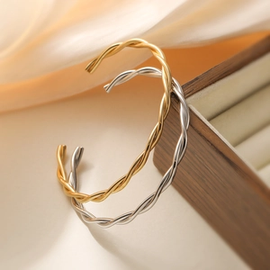 Polished 18K gold and silver stainless steel twisted open C-shape cuff bracelets