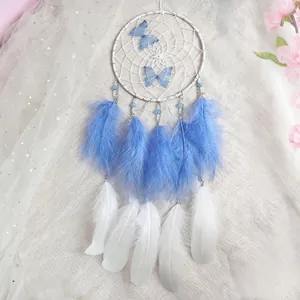 Dream catcher with blue butterflies and feathers for home bedroom wall hanging decor