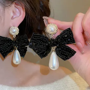 Vintage Bowknot Drop Earrings With Water Drop Imitation Artificial Pearl Black Beaded Bow And Silver Earring Post For Women Elegant