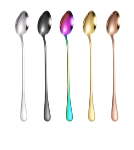 Set of five colorful long handle stainless steel mixing spoons for coffee and desserts
