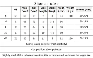 Tabella taglie per pantaloncini sportivi elastici con misure di vita, fianchi e lunghezze