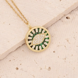 18K gold plated copper necklace featuring a micro-pave zircon evil eye pendant in green